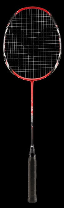 The Victor AL-6500 I Badminton Racket from Victor, ideal for head-heavy attacking play, showcases a red and black frame with a checkered string pattern and a black grip, elegantly presented in a vertical position against a black backdrop.