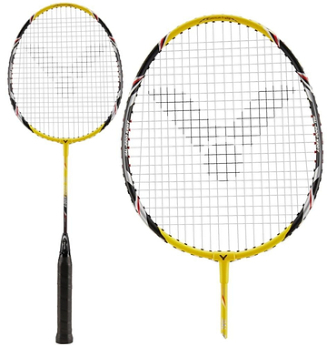 Displayed in two angles, you can see the Victor AL-2200 Kiddy Junior Badminton Racket, featuring a sleek black grip and vibrant yellow frame. The head showcases a stylish black and white pattern on the strings. This racket is ideal for young beginners embarking on their badminton journey.