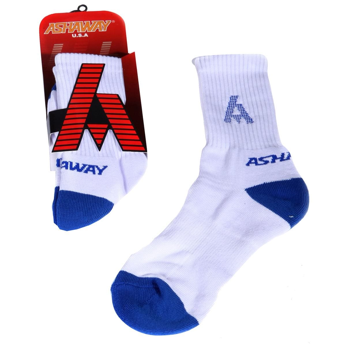 A single Ashaway Badminton Sock in white with royal blue toes and heels is displayed, while its matching sock is packaged with "Ashaway U.S.A." branding. Designed to reduce blistering, these Ashaway socks are ideal for racket sports and feature a prominent royal blue logo.