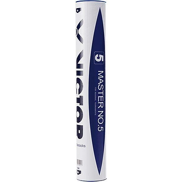 A cylindrical tube containing premium Victor Master No.5 feather badminton shuttlecocks, featuring the brand's distinctive blue and white design, prominently displays the number 5, making them an ideal choice for tournament use.