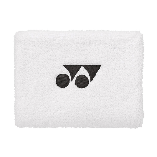 The Yonex AC492 Wristband in white, featuring a sporty geometric logo with two solid circles and triangles, gives off an energetic vibe similar to a court wristband.