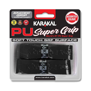 Packaging of the Karakal PU Badminton Grip - Twin Pack in black, featuring a soft touch SRF surface enhanced with nano particles. Includes two grips and highlights its status as the world's top PU super grip for racket sports.