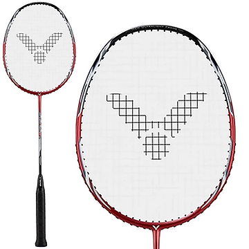 A close-up of the Victor Auraspeed Lightfighter 40 D Badminton Racket in Red / Black, the epitome of a badminton racket, renowned for its lightweight head-heavy design that provides both precision and power.