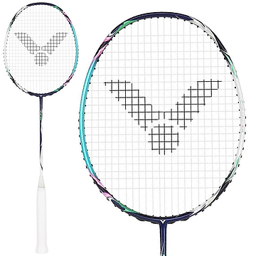 A close-up of the Victor Auraspeed HS B Badminton Racket - Blue highlights its intricate string design. Its frame, augmented with Nano Fortify SR technology, boasts bold colors, while the white handle ensures a secure grip—ideal for any doubles racket aficionado.