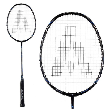 A close-up and side view highlights the Ashaway Phantom Helix NWP Badminton Racket in Black Blue, crafted with Japanese carbon graphite. It features a white string pattern and prominently displays a large "A" design at its center. The sleek black handle is adorned with the brand name "Ashaway" printed in bold white letters.