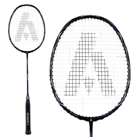 A close-up and side view highlights the Ashaway Phantom Helix NWP Badminton Racket in Black Blue, crafted with Japanese carbon graphite. It features a white string pattern and prominently displays a large "A" design at its center. The sleek black handle is adorned with the brand name "Ashaway" printed in bold white letters.