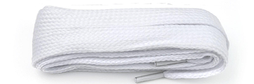 A neatly coiled set of Shoestring Flat Block Badminton Shoe Laces in white with a textured surface and two metal tips at the ends, reminiscent of martial arts belts, isolated on a white background.