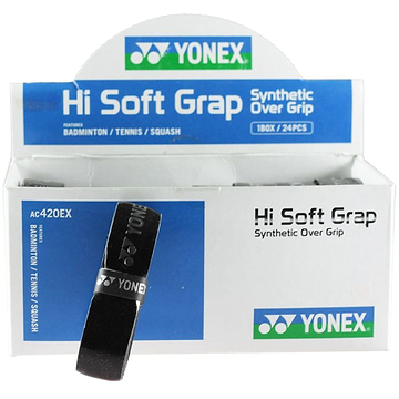 A display box of Yonex AC420EX Hi-Soft Grap Full Replacement Badminton Grips, containing 24 black grips, ideal for replacing grips on badminton, tennis, and squash equipment. The Yonex logo is prominently displayed on one grip at the front, highlighting the superior absorbency and quality associated with the brand.