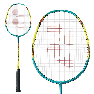 The Yonex Nanoflare E13 Badminton Racket in turquoise and yellow showcases a vibrant frame with a black grip and an isometric head shape. The red Yonex brand logo is prominently displayed on the white strings.