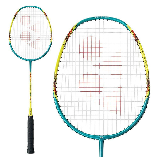 The Yonex Nanoflare E13 Badminton Racket in turquoise and yellow showcases a vibrant frame with a black grip and an isometric head shape. The red Yonex brand logo is prominently displayed on the white strings.