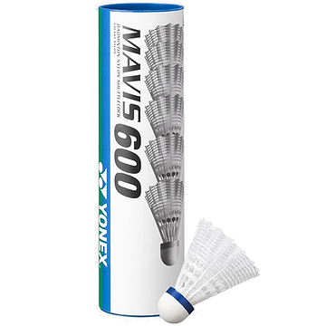 A set of six Yonex Mavis 600 Badminton Nylon Shuttlecocks in white, designed with Wing Rib Technology and a distinctive blue band, is displayed alongside its cylindrical packaging. The predominantly blue and white package features the Yonex branding text.