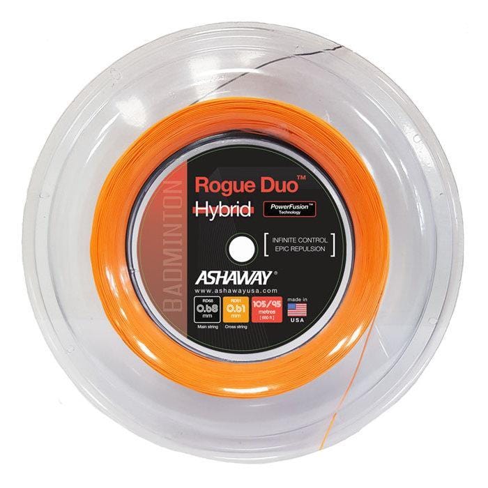The Ashaway Rogue Duo Hybrid badminton string set in orange and black, available on a 200m reel with mains at 0.68mm and crosses at 0.61mm, provides a customized configuration for an optimal string bed experience. The product labeling emphasizes "Infinite Control" and "Epic Repulsion," guaranteeing top-tier performance with attention to detail in its branding.