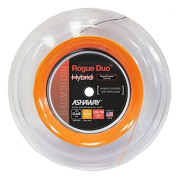 The Ashaway Rogue Duo Hybrid badminton string set in orange and black, available on a 200m reel with mains at 0.68mm and crosses at 0.61mm, provides a customized configuration for an optimal string bed experience. The product labeling emphasizes "Infinite Control" and "Epic Repulsion," guaranteeing top-tier performance with attention to detail in its branding.