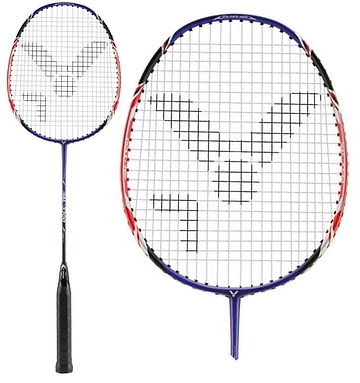 The Victor AL-3300 Badminton Racket by Victor showcases a blue and red aerodynamic frame complemented by a black grip. The strings create a geometric pattern with the brand's stylized logo at the center. A full view of the racket is presented alongside a close-up of its head.
