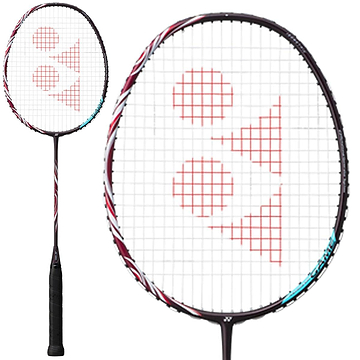 The Yonex Astrox 100 Game 3U Kurenai badminton racket, offered by Yonex in a striking red design, features a black handle and frame ideal for executing steep attacks. The stringing is adorned with a distinctive red geometric logo, while the head-heavy frame showcases subtle accents of red and blue. The racket is presented from two angles to emphasize its dynamic design.