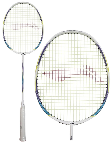 A close-up of the Li-Ning Windstorm 74 Badminton Racket - White against a white background showcases its ultralight design. This Li-Ning racket features a Dynamic-Optimum Frame with colorful detailing and a white handle, while the tightly woven strings display an eye-catching red pattern at the center.