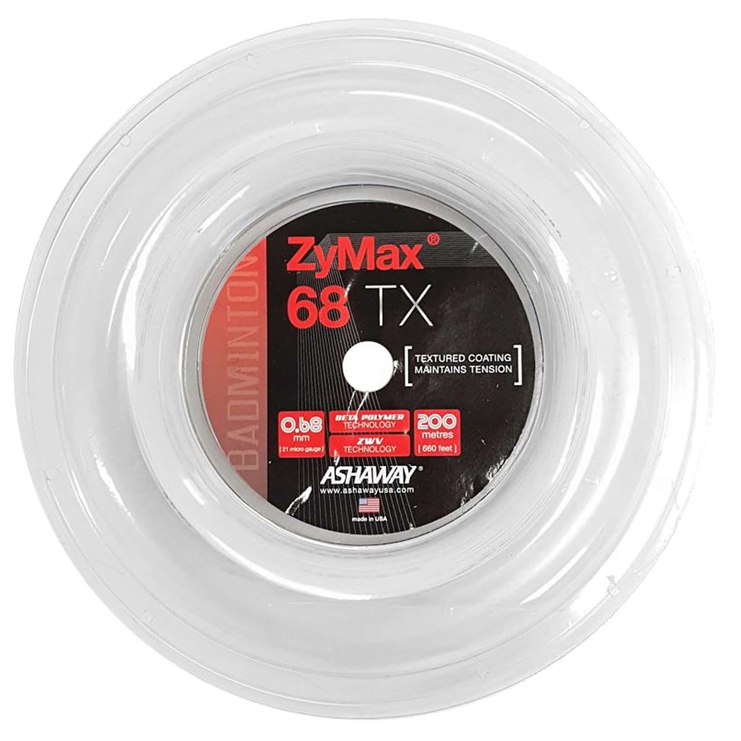 Close-up of a spool of Ashaway Zymax 68 TX badminton string, crafted with BETA polymer fibers. The clear spool features a red and black label in the center, highlighting attributes such as its textured surface coating and 200 meters length, exhibiting advanced technology for players.
