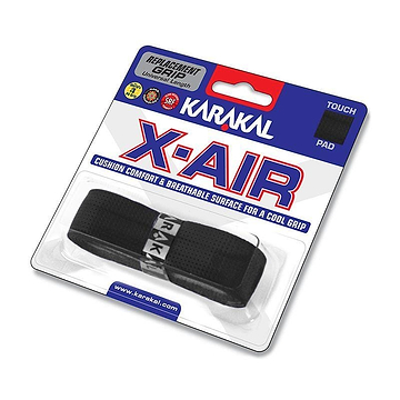 The packaging of the Karakal X-AIR Replacement Badminton Grip in black is primarily white and blue, showcasing the cushioned grip inside a clear plastic cover. The text highlights the comfort and breathability of this premium replacement grip.