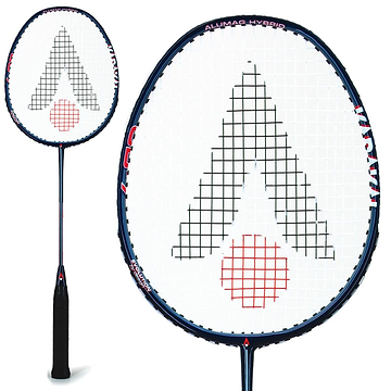 Close-up of two Karakal CB-7 badminton rackets by Karakal. One displays the full length with a dark PU Super grip handle, while the other highlights the oval head with an isometric shape, boasting a black and red string pattern. The racket frame features the text "Alumac Hybrid.