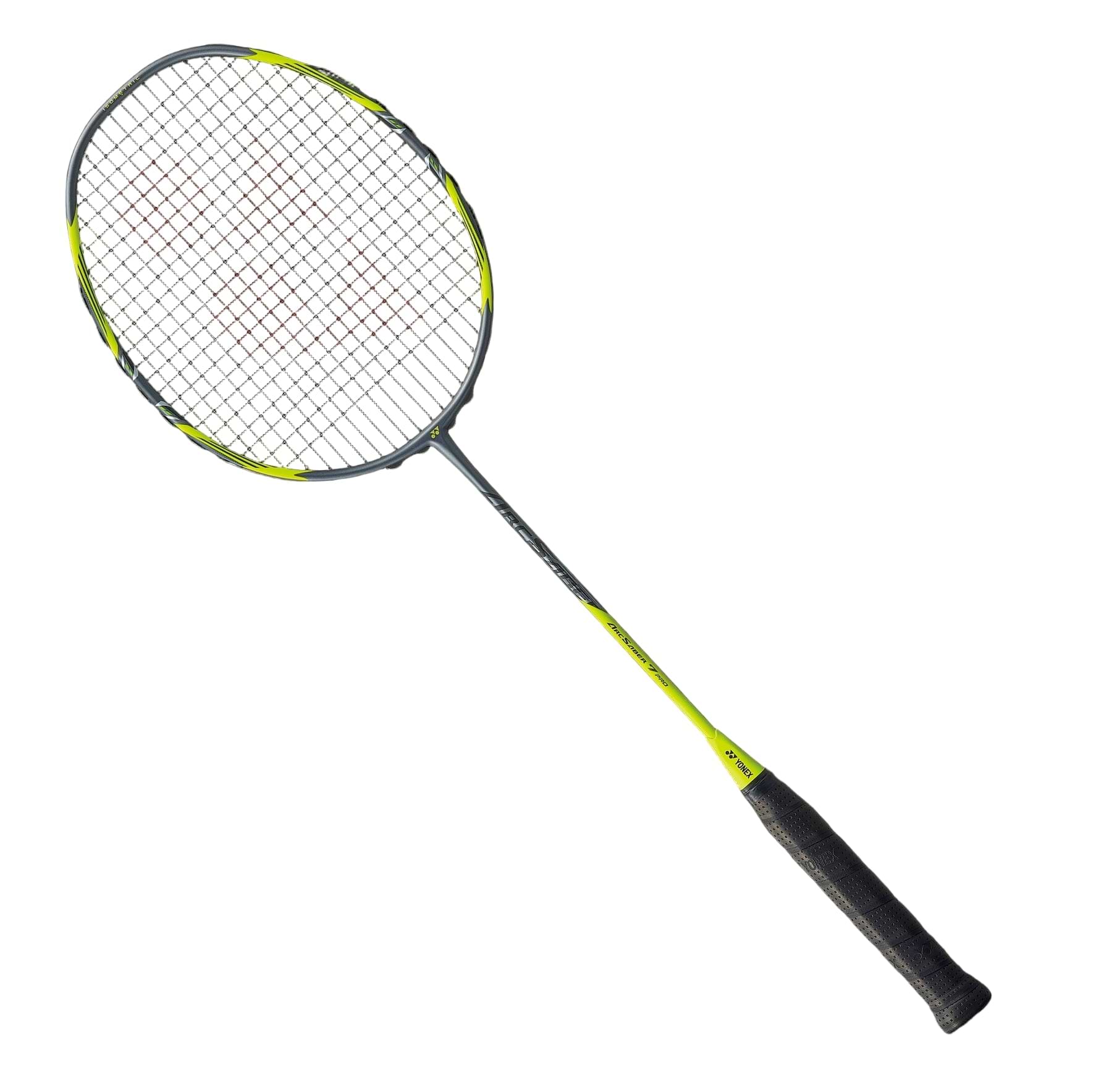 The Yonex Arcsaber 7 Pro badminton racket, perfect for all-round players, features a sophisticated grey and yellow color palette with a chic grip and grid-patterned strings. Set diagonally against a solid black backdrop, it represents an ideal fusion of style and performance.