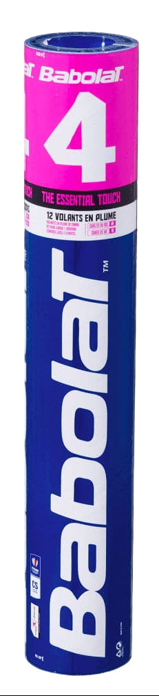 A set of 12 Babolat 4 Badminton Feather Shuttles, featuring a blue and pink design with branding and product information on a sleek black background, is ideal for training sessions.
