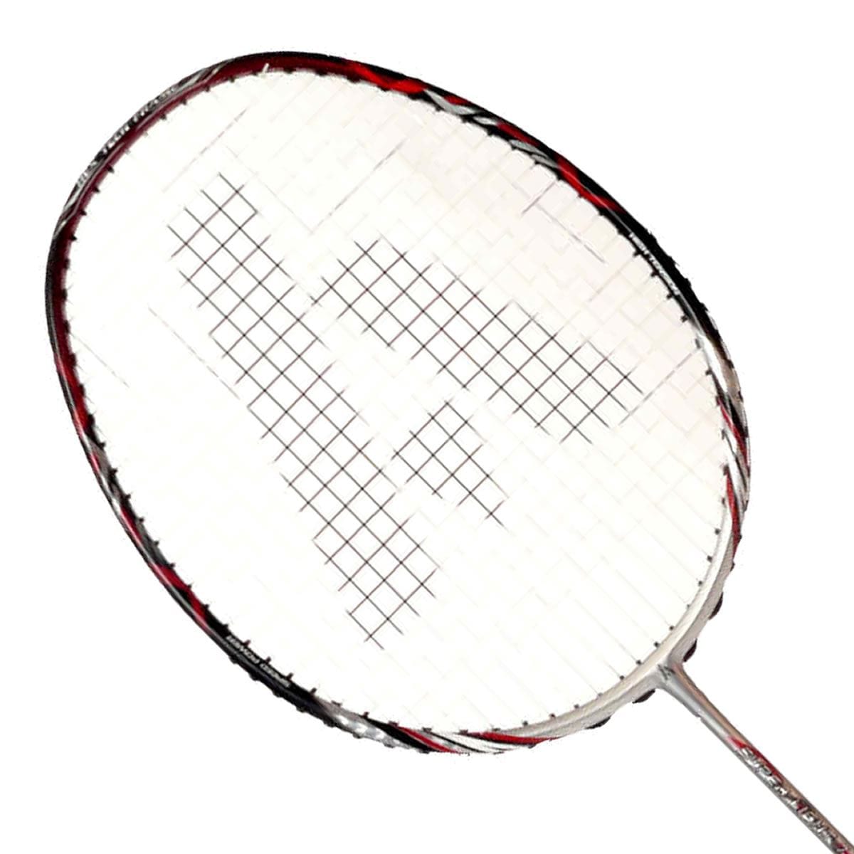 Close-up of an Ashaway Superlight 7 Hex Badminton Racket head, featuring silver and red trim on a white background. The strings form a precise grid pattern within the oval frame, enhanced by Hex Frame technology and constructed with durable graphite layers.