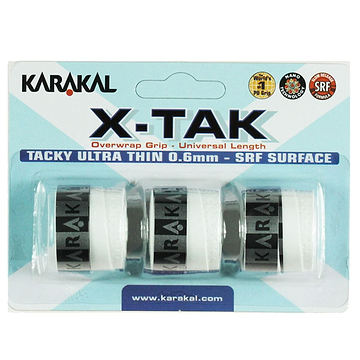 The packaging for the Karakal X-Tak Overwrap Badminton Grip - White features three rolls with a modern blue and white design. The label highlights "Tacky Ultra Thin 0.6mm - SRF Surface," alongside logos claiming "World's No. 1 PU Grip" and "Hand Made." Experience superior control with its non-slip grip technology, crafted by Karakal.