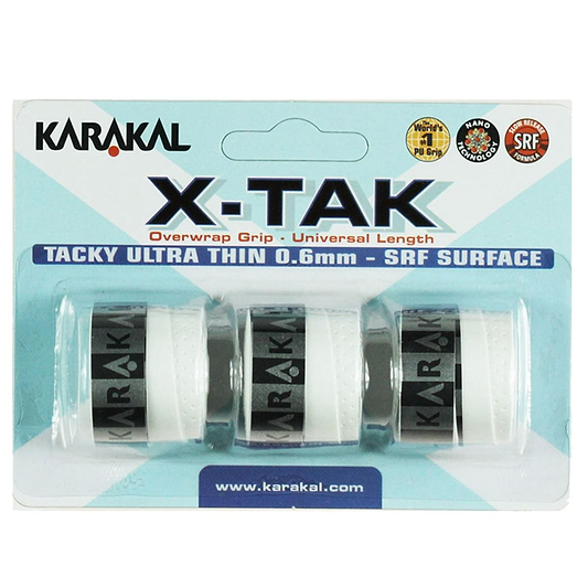 The packaging for the Karakal X-Tak Overwrap Badminton Grip - White features three rolls with a modern blue and white design. The label highlights "Tacky Ultra Thin 0.6mm - SRF Surface," alongside logos claiming "World's No. 1 PU Grip" and "Hand Made." Experience superior control with its non-slip grip technology, crafted by Karakal.