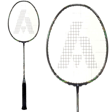 Close-up of an Ashaway Phantom X-Shadow Badminton Racket - Black Green handle and a white net, adorned with a stylized "A" design. The racket features an extra slim shaft profile and a round frame. The image highlights both the complete Phantom X-Shadow racket and an enlarged view of the head.