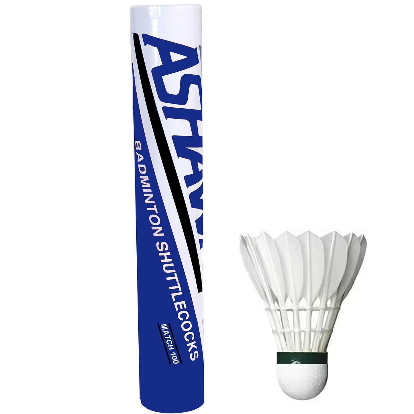A tube labeled "Ashaway Match Feather Shuttles" with a single white feather shuttlecock beside it. The tube, crafted for club-level play, features a primarily blue and white design with bold text.