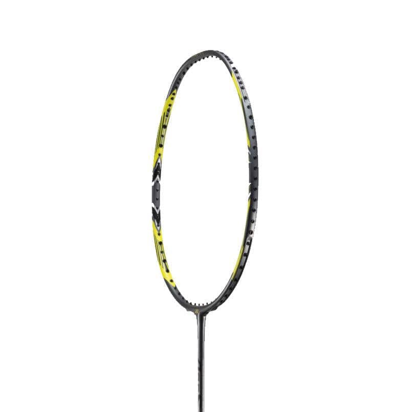 A close-up of the Yonex Arcsaber 7 Pro Badminton Racket in Grey Yellow showcases a distinctive frame. The absence of visible strings draws attention to its sleek design, which is tailored for all-round players. The plain white background accentuates its striking color pattern.