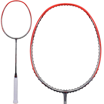 A Li-Ning 3D Calibar 300 Boost Badminton Racket in black with red accents features a Dynamic-Optimum Frame and showcases an eye-catching design. The handle is wrapped in white grip tape for enhanced comfort. The image includes both a full view and a detailed close-up of the racket's head, highlighting its precision design.
