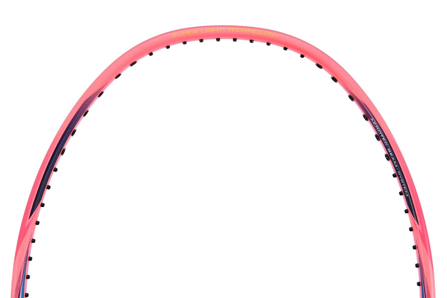 Close-up of a Li-Ning Windstorm 74 Badminton Racket frame featuring a pink and black design. The top portion displays its string holes and printed specifications. Its ultralight construction is characteristic of the Li-Ning Windstorm range, while the plain white background accentuates the frame's vibrant colors and details.