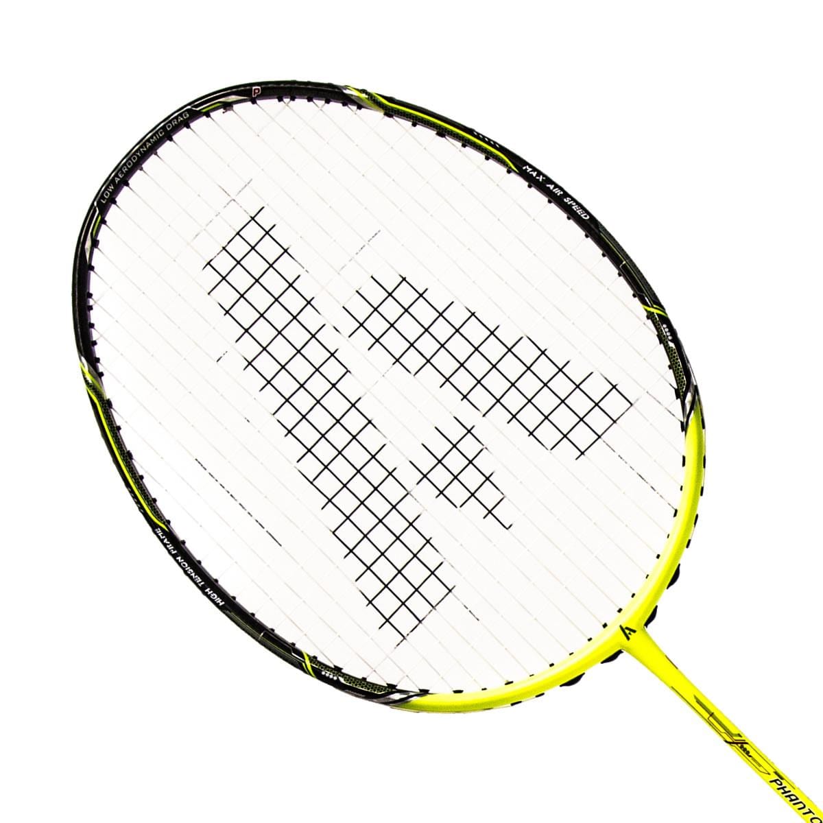 Introducing the Ashaway Phantom X Speed II Badminton Racket in Yellow Black: This racket showcases a vibrant yellow design with black details and white strings. It features a striking geometric pattern at the center, while the Phantom Airflow System boosts your swing performance. Additionally, its Zymax Fire 69 strings provide optimal tension and superior durability for every match.
