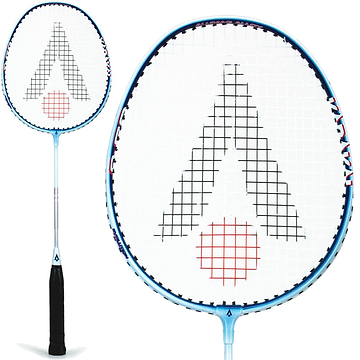 Close-up of a Karakal CB-3 Badminton Racket in white and blue with a black grip. The isometric head shape features strings forming a triangle and circle pattern. Another angle of the racket is displayed in the background.