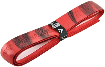 A rolled Karakal PU Badminton Super Grip Marble Effect Single in red showcases a textured, marble-like pattern for enhanced performance. The grip is secured in the middle by a black band that proudly displays the brand name, Karakal, in white letters.