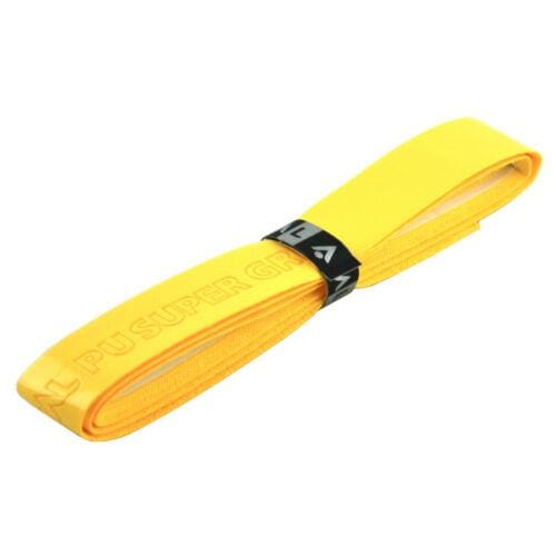 A yellow Karakal PU Badminton Super Grip Single, rolled up and secured with a black band displaying white lettering. This grip, perfect for racket sports, has embossed text and appears to be new and unused.
