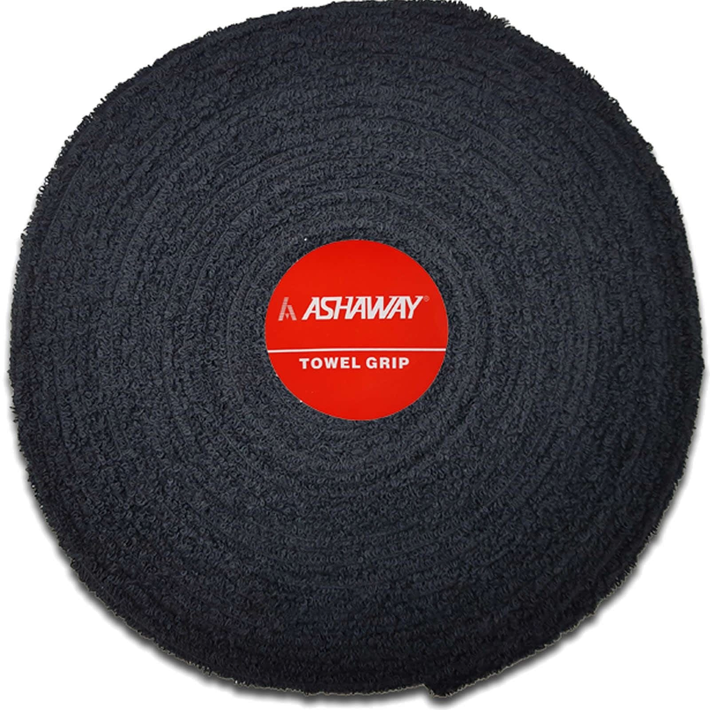 A black, highly absorbent towel grip roll designed for sports equipment, featuring a red circular label at its center displaying the brand name "Ashaway" and the text "Towel Grip," is available as part of the product Ashaway Badminton Towel Grip Roll - Black - 10m.