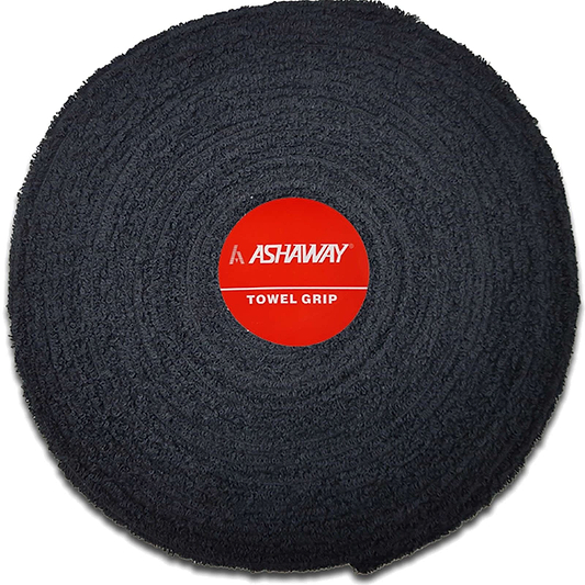 A black, highly absorbent towel grip roll designed for sports equipment, featuring a red circular label at its center displaying the brand name "Ashaway" and the text "Towel Grip," is available as part of the product Ashaway Badminton Towel Grip Roll - Black - 10m.