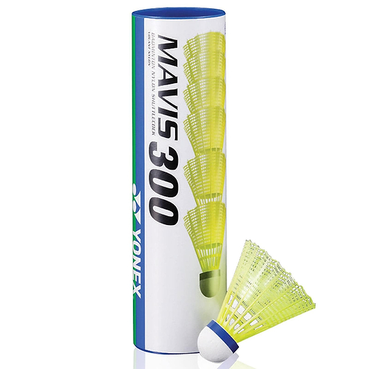 A tube of Yonex Mavis 300 Badminton Nylon Shuttlecocks is showcased, emphasizing its robust design. One yellow nylon shuttlecock is partially removed and lying on its side. The tube boasts a blue and white color scheme with bold black text prominently displaying "Mavis 300.