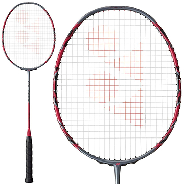 The Yonex Arcsaber 11 Pro 4U badminton racket, branded by Yonex, boasts a stylish greyish pearl design. Its strings showcase a distinct grid pattern with the brand logo prominently displayed. The grip is wrapped in black tape, and the frame emphasizes its ISOMETRIC enlarged sweet spot visible from both full and close-up perspectives.