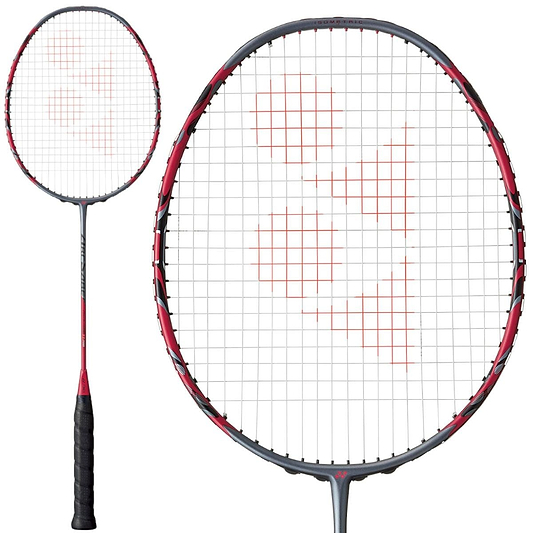 The Yonex Arcsaber 11 Pro 4U badminton racket, branded by Yonex, boasts a stylish greyish pearl design. Its strings showcase a distinct grid pattern with the brand logo prominently displayed. The grip is wrapped in black tape, and the frame emphasizes its ISOMETRIC enlarged sweet spot visible from both full and close-up perspectives.
