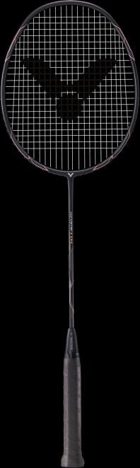 The stylish Victor Thruster K1 H Badminton Racket by Victor showcases a pink grid pattern on the strings with a solid grip handle, all set against a black background, ensuring that style meets performance.