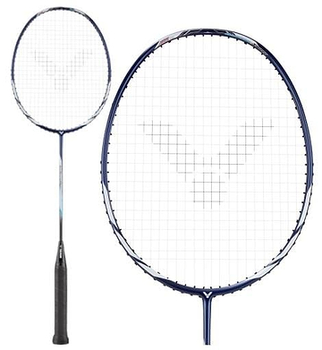 Perfect for beginners, the Victor Auraspeed 11B Badminton Racket by Victor features an ultra-thin frame with a white string face and a black grip handle. Its True Blue frame and shaft are highlighted with light accents, while the subtle logo design on the string bed adds a touch of finesse.
