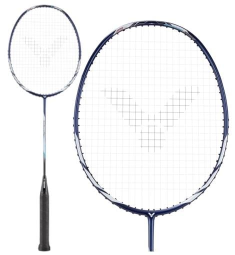 Perfect for beginners, the Victor Auraspeed 11B Badminton Racket by Victor features an ultra-thin frame with a white string face and a black grip handle. Its True Blue frame and shaft are highlighted with light accents, while the subtle logo design on the string bed adds a touch of finesse.