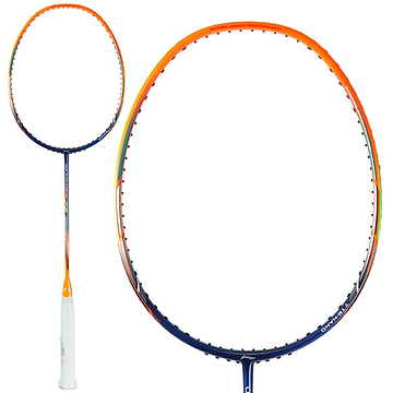 The Li-Ning Windstorm 72 6U Badminton Racket in orange showcases a lively combination of shades on its frame and features a white handle. This ultra-lightweight racket provides a detailed view on the left, emphasizing its standout frame characteristics and head-heavy balance to enhance your gameplay.
