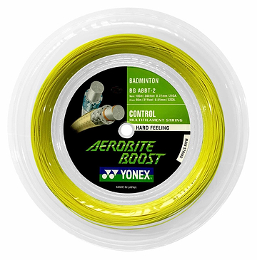 The Yonex Aerobite Boost badminton string, a multifilament innovation in striking grey and yellow, is neatly wound in a transparent plastic reel. The packaging highlights features such as "Maximum Control" and "Hard Feeling," along with specifics on the string's dimensions of 0.72/0.61mm and its material composition.