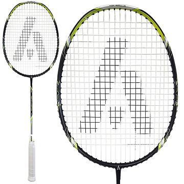 The Ashaway Vex Striker 300 badminton racket boasts a sleek black and lime green frame with a white grip. Made from high-quality graphite, its strings create a distinct "A" design. Displayed with a side view and close-up of the head, this racket is perfect for enthusiasts seeking precision play.
