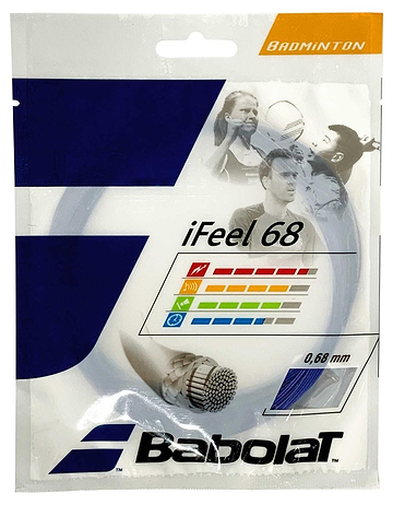 The image features a package of Babolat iFeel 68 Badminton 10m String Set in blue, celebrating athletes and dynamic graphics that emphasize power control and durability. The string's thickness is specified as 0.68 mm, reinforcing its status as a high-performance option.