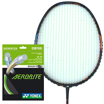 Close-up of a badminton racket with neon green strings. To the left, a Yonex AeroBite Badminton String White Green packet highlights its hybrid stringing technology, showcasing two gray strings labeled "Control" and "Medium Feeling." This design emphasizes high rotating spin and performance.